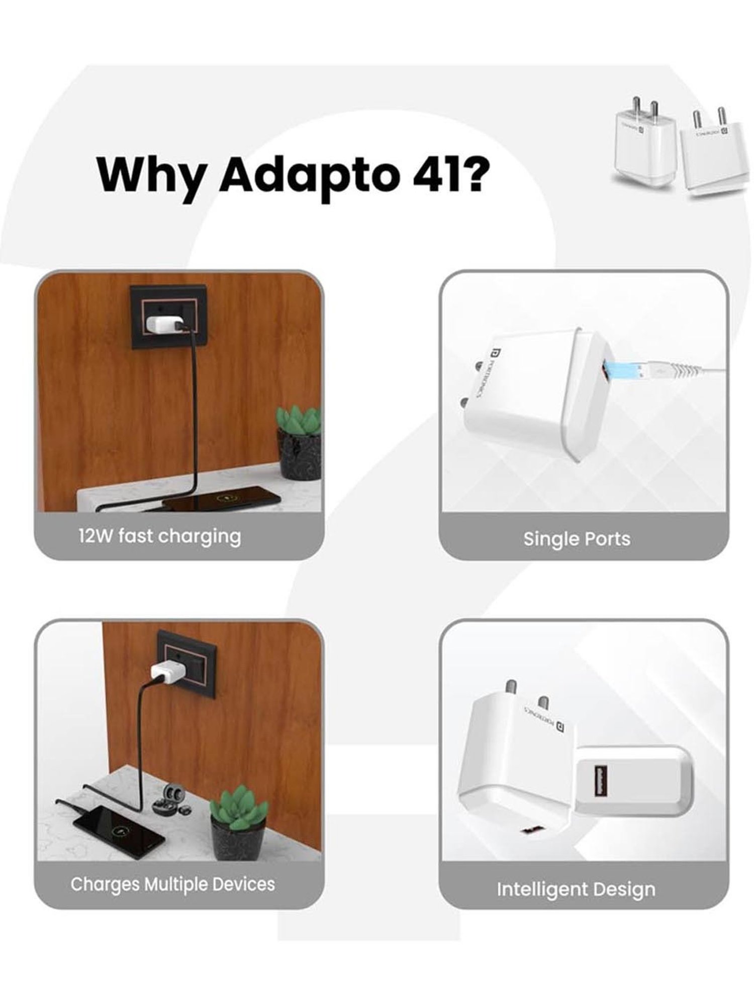 Portronics Adapto 41 C Charger with Type C USB Charging Cable (White)