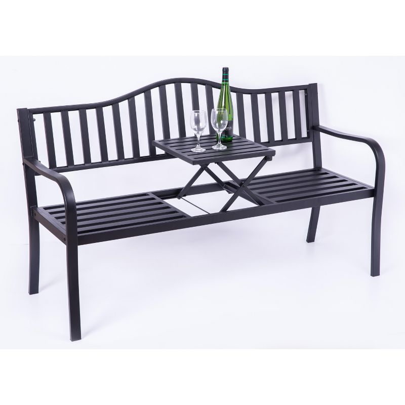 Gardenised Powder Coated Black Steel Patio Garden Park Yard Bench with Middle Table
