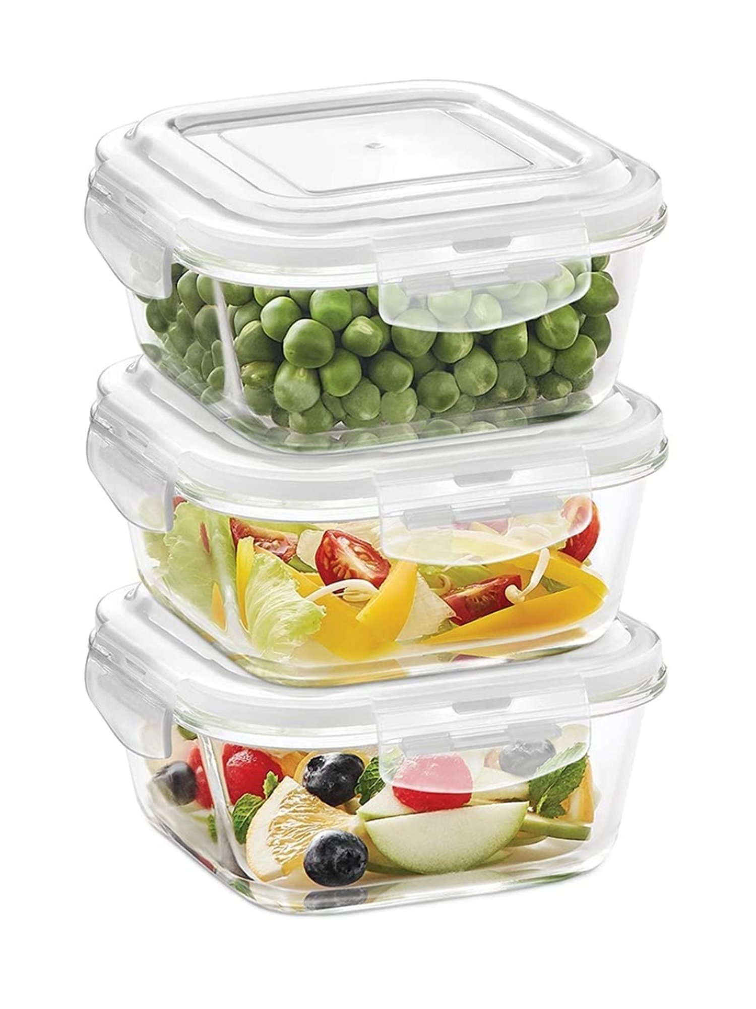 Borosil Ace Square Glass Lunch Box with Lunch Bag Set of 3 (Green, 320 ml)