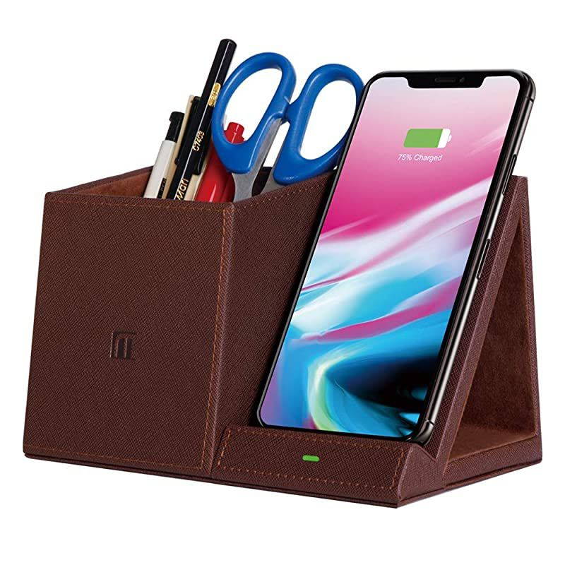 10W Fast Wireless Charger Pencil Pen Holder Desk Stand Organizer,Compatible iPhone SE/11/11 Pro/11 Pro Max/XS/XS Max/XR/X/8 Plus,Samsung Galaxy S20 S10 S9 S8 S7 Edge Note 10+/9/8 Brown