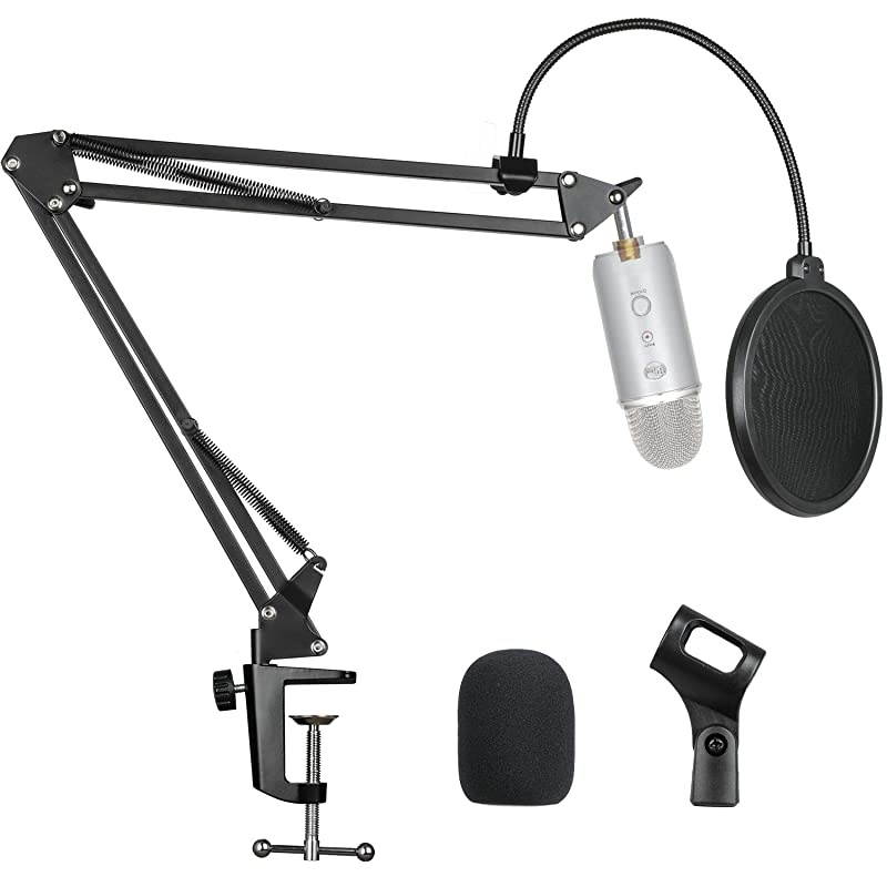 Microphone Suspension Scissor Boom Bracket Stand with Pop Filter and Mic Holder 58Screw for Blue Yeti Snowball Spark Yeti x and All Other Microphones