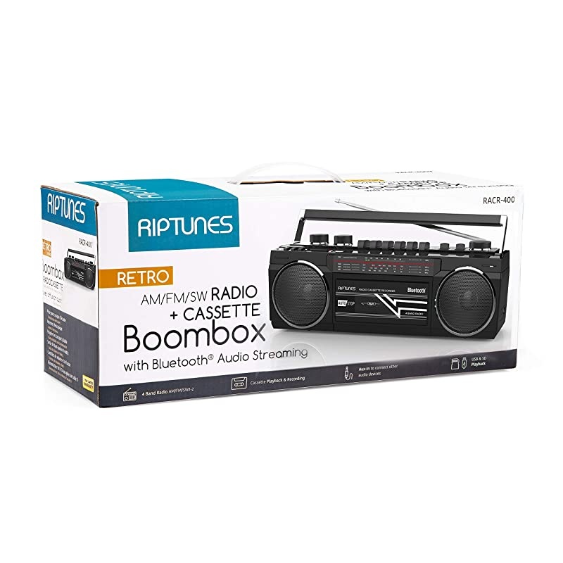 Cassette Boombox, Retro Blueooth Boombox, Cassette Player and Recorder, AM/FM/SW-1-SW2 Radio-4-Band Radio, USB, SD, and Aux in, Black