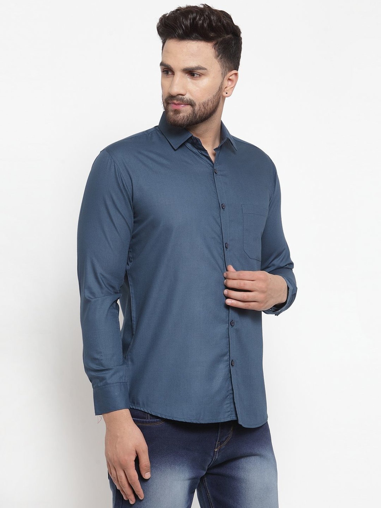 Jainish Navy Cotton Regular Fit Shirt