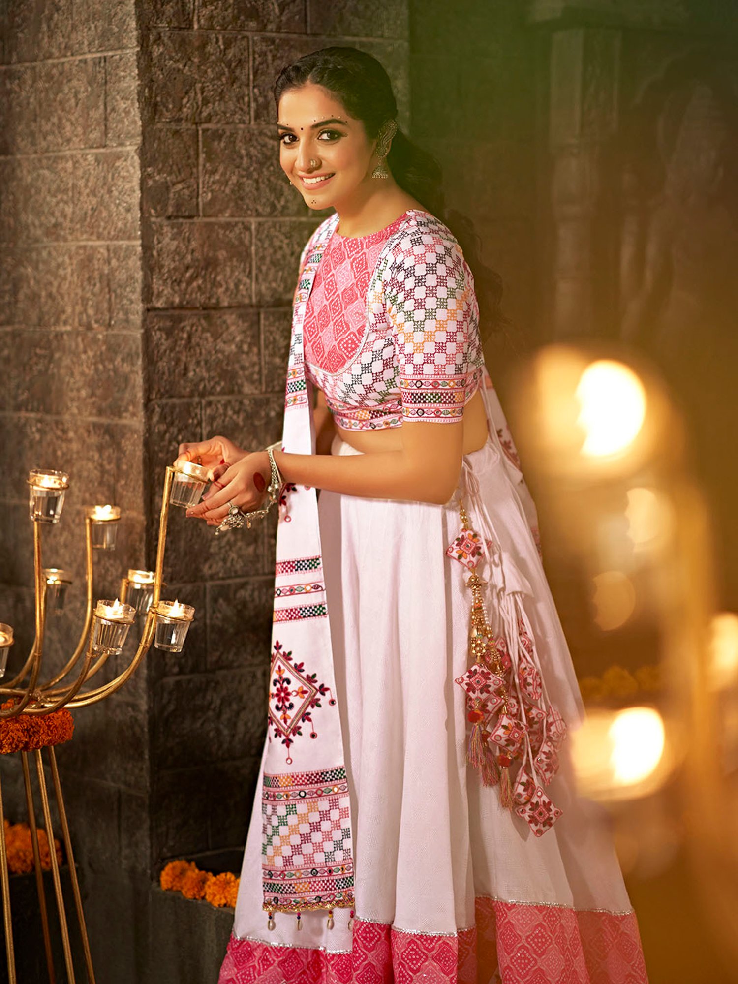 SHUBHKALA White Embroidered Lehenga Choli Set With Dupatta