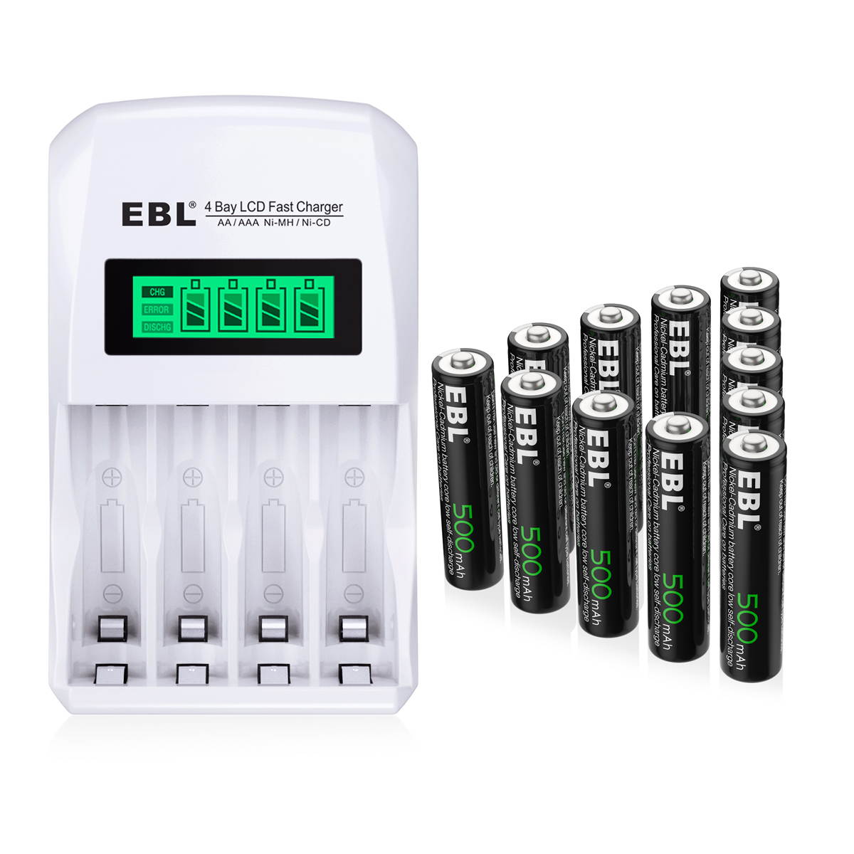EBL 8 Pcs 500mAh 1.2V AAA Battery for TV Remotes + LCD Smart Individual 907 Battery Charger for AA AAA Ni-MH Ni-CD Rechargeable Batteries