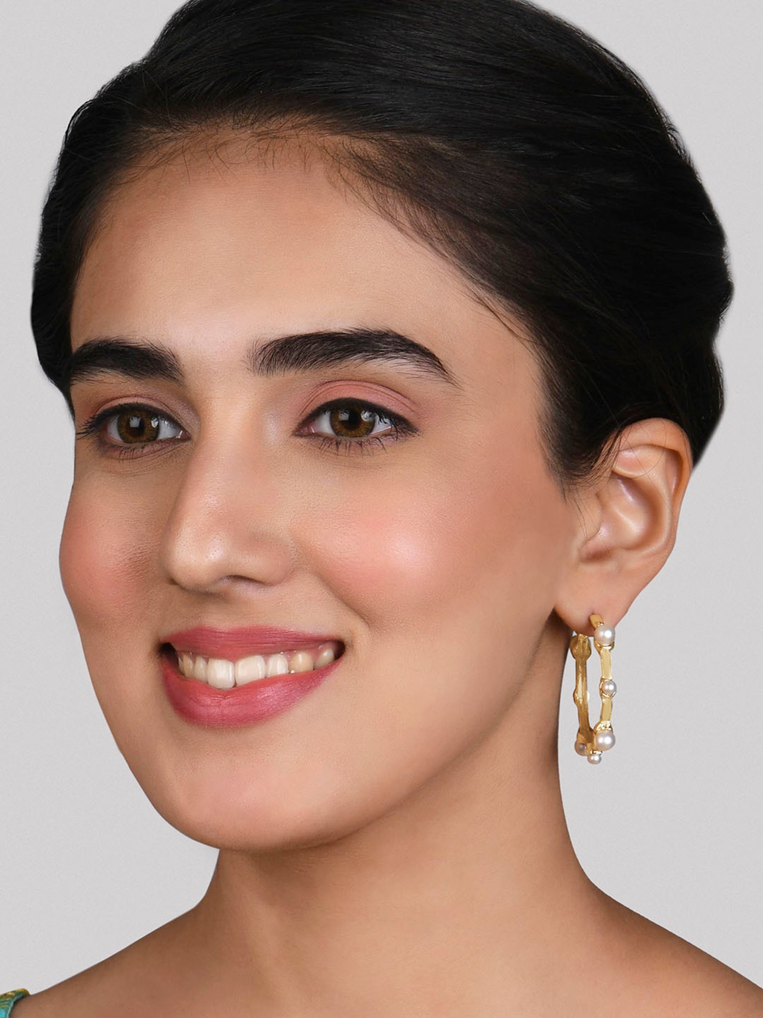 ToniQ Gold-Plated White Pearl Studded Half Hoop Earrings For Women