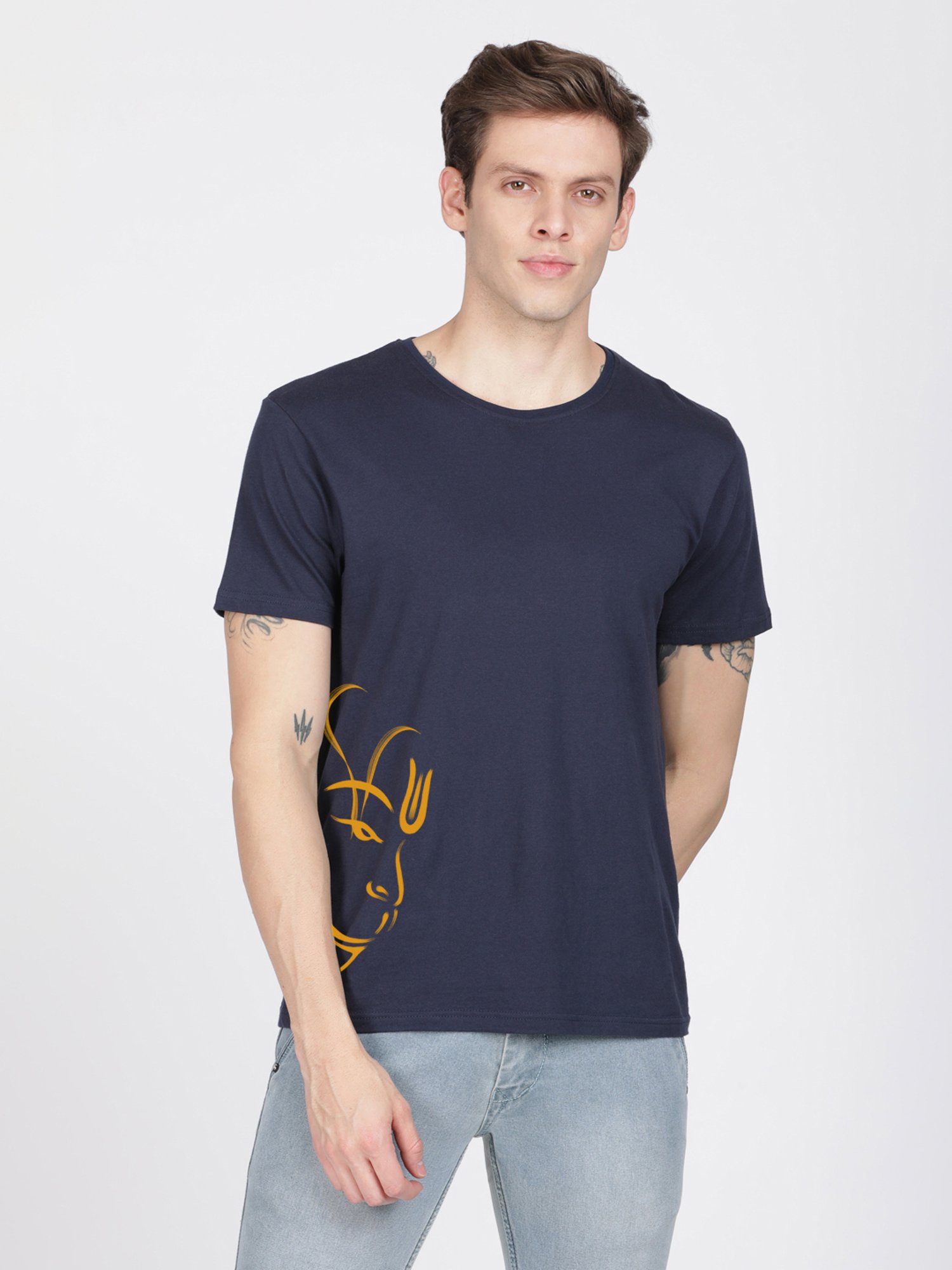 BLACK RADIO Navy Slim Fit Printed Cotton Crew T-Shirt