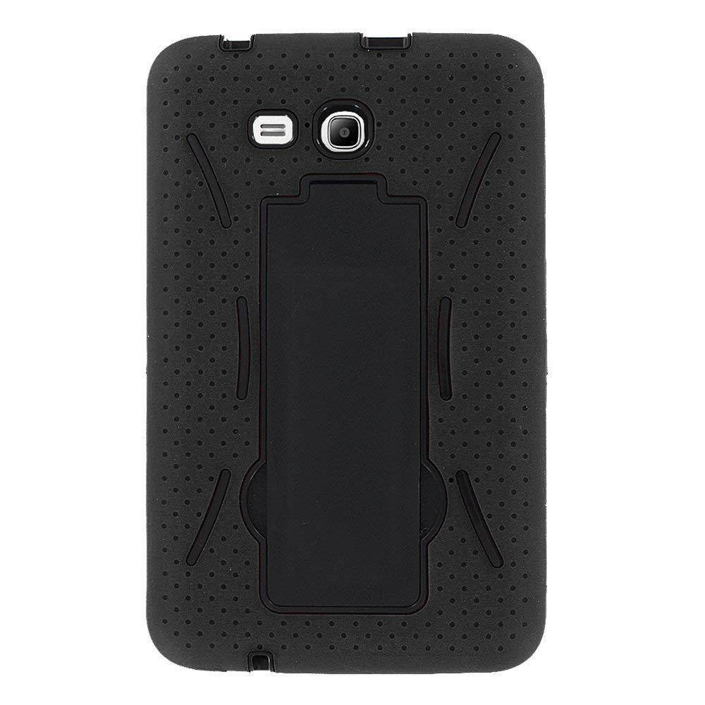 Samsung Galaxy Tab 3 7" LITE SM-T110 Drop Protection Hybrid Case Full Body Silicone Plastic Cover featuring Built-In Kickstand and Screen Protector - Black / Black by KIQ (TM)