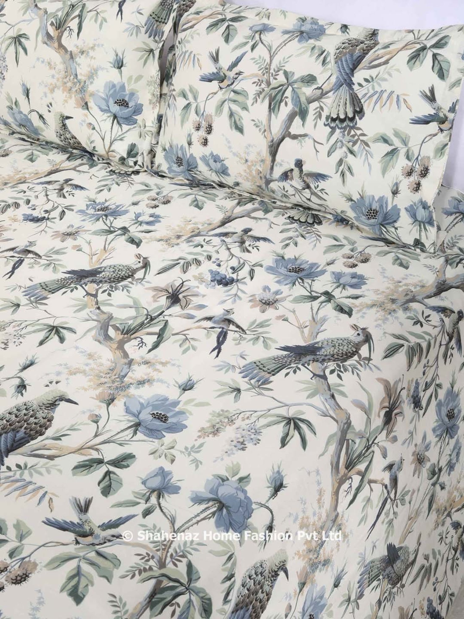 Shahenaz Blue 120 TC Cotton Floral Birds Double Bedsheet with 2 Pillow Covers