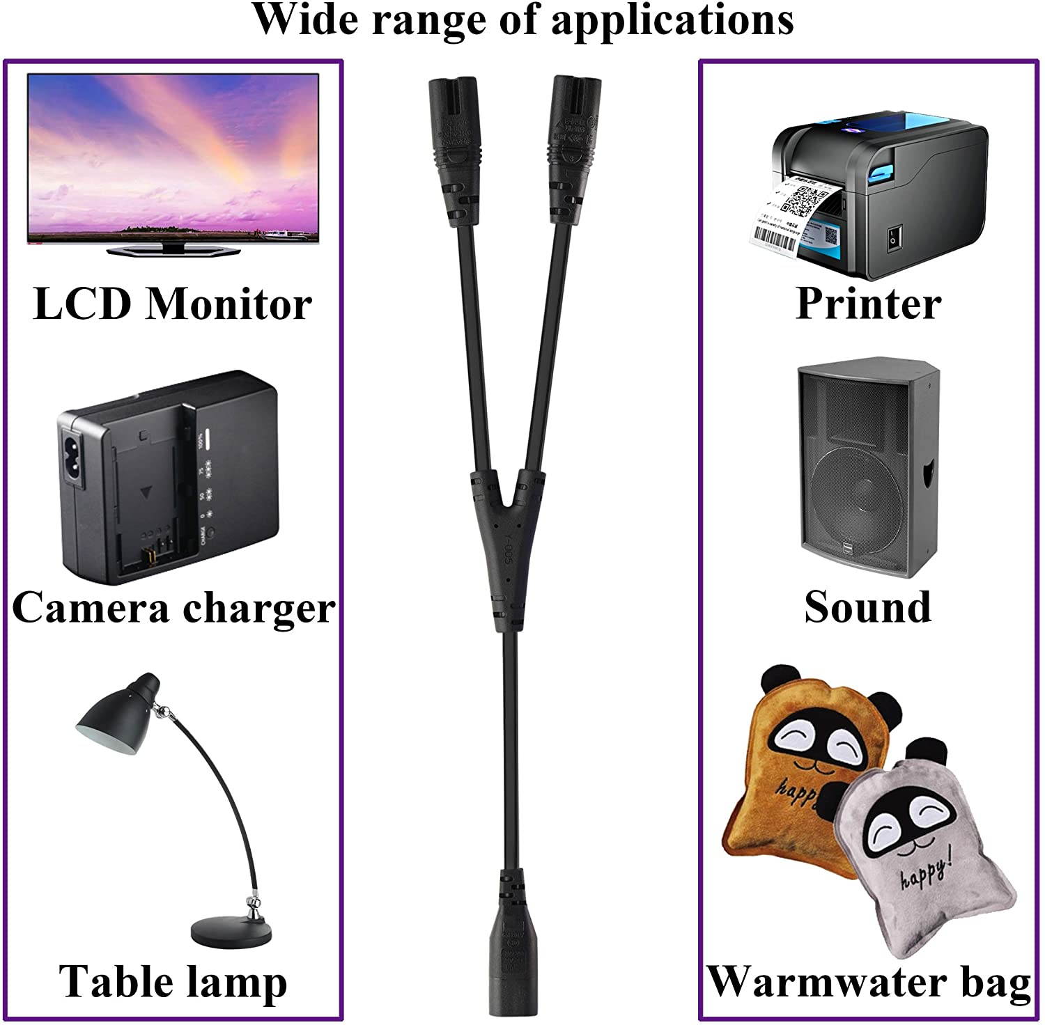 IEC 320 C8 to Dual C7 Y Split Power Cord, Figure 8 Male to Double Female 1-in-2 Out AC Power Cord, IEC320 C8 to 2X C7 Y Split AC Cord (C8 to 2XC7)