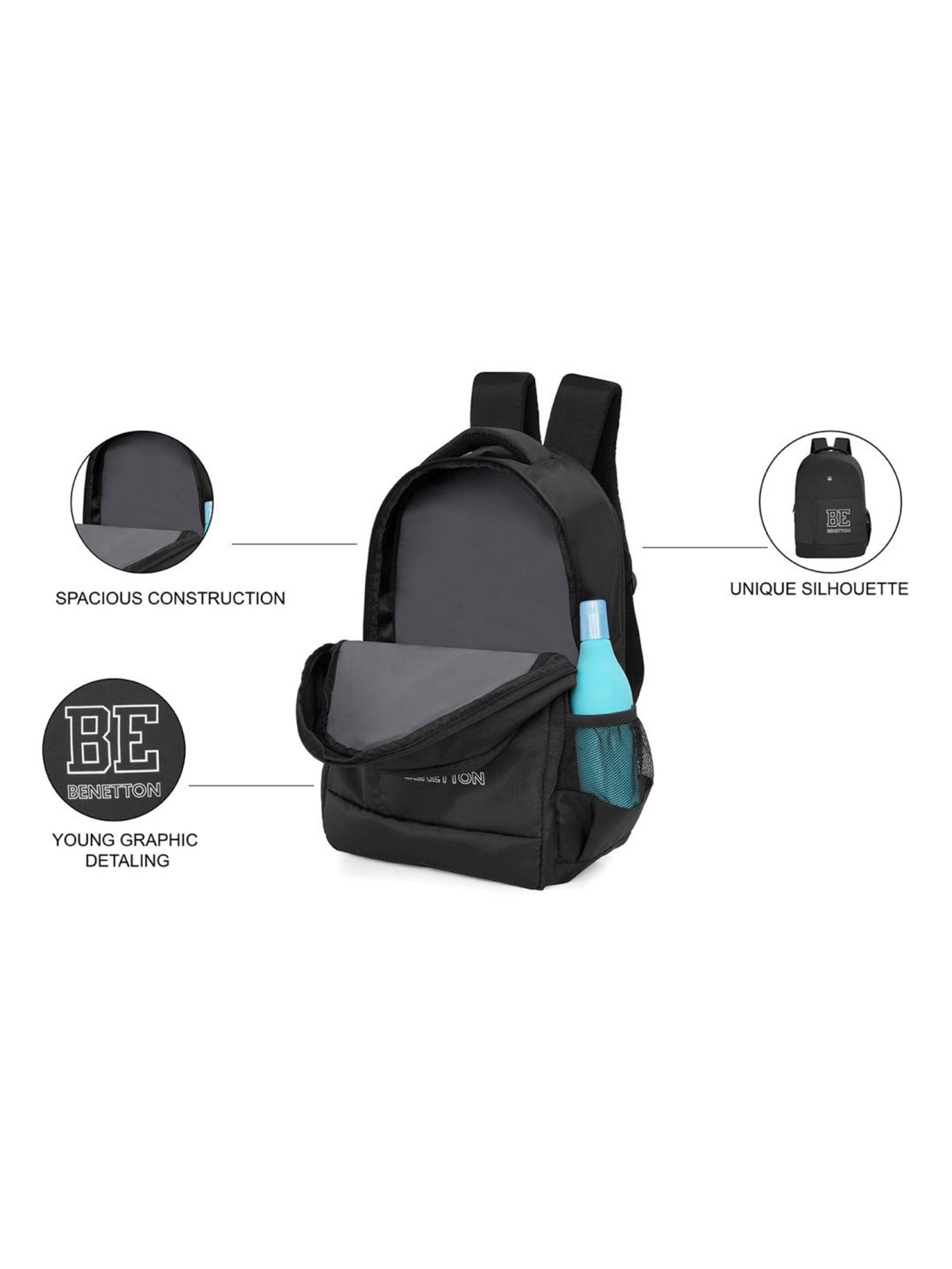 United Colors of Benetton Coppen Black Polyester Solid Backpack - 21 Ltrs