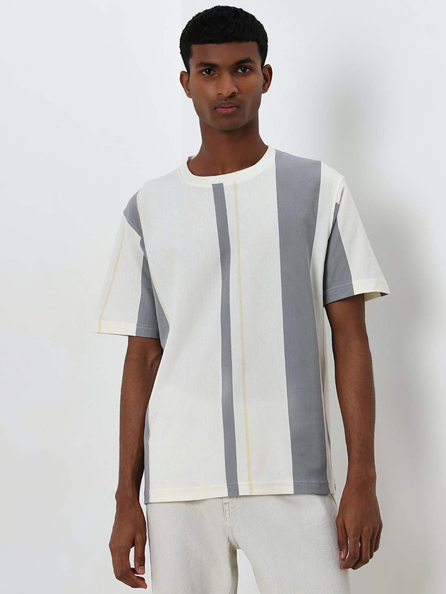 Nuon by Westside Grey Striped Relaxed-Fit T-Shirt