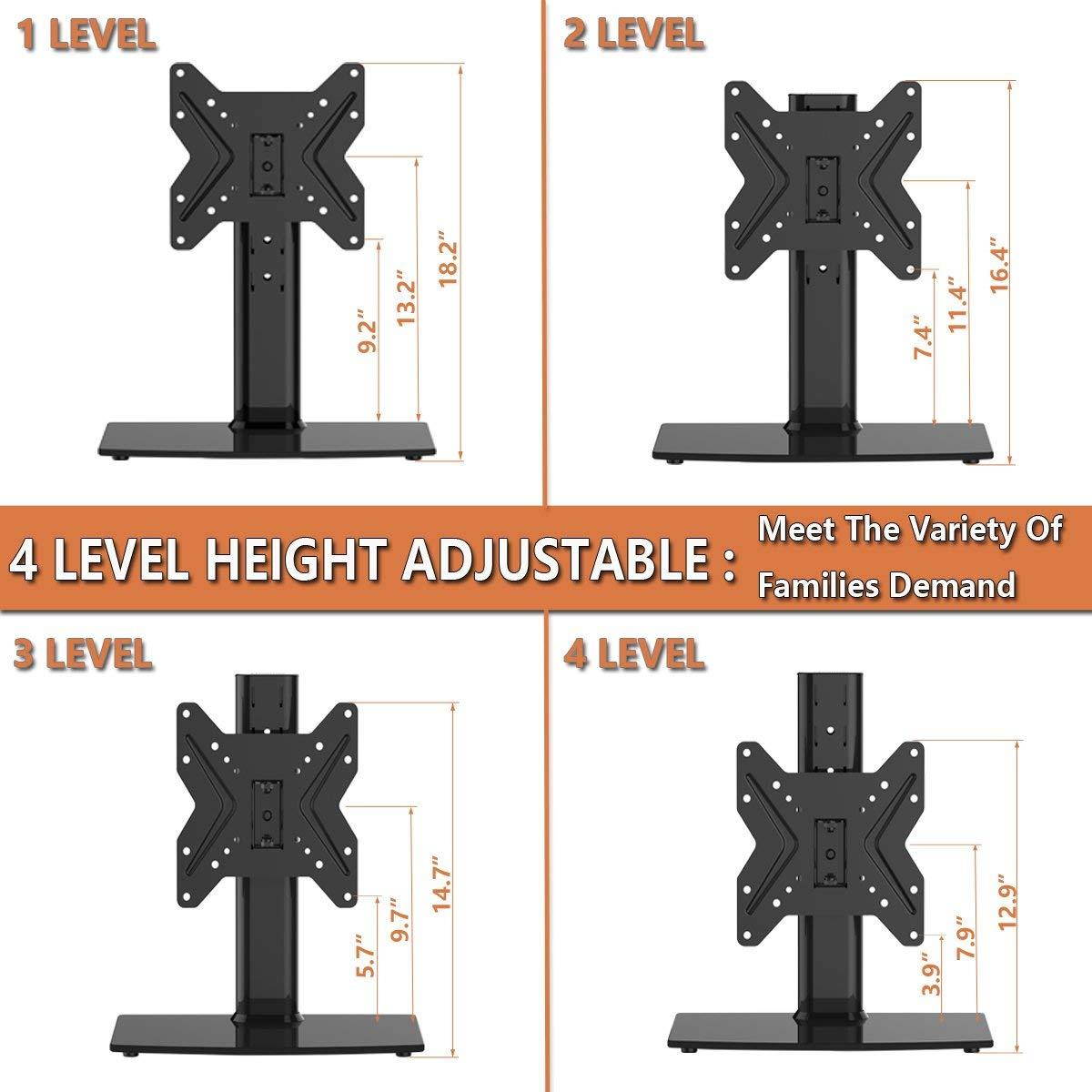 Universal Swivel TV Stand/Base Table Top TV Stand 19 to 39 inch TVs 90 Degree Swivel, 4 Level Height Adjustable, Heavy Duty Tempered Glass Base, Holds up to 99lbs, HT02B-001