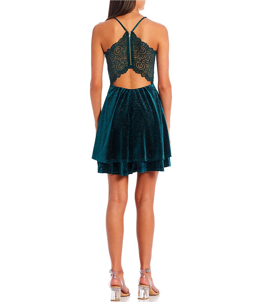 Honey and Rosie Spaghetti Strap Velvet Lace Bra Back Dress