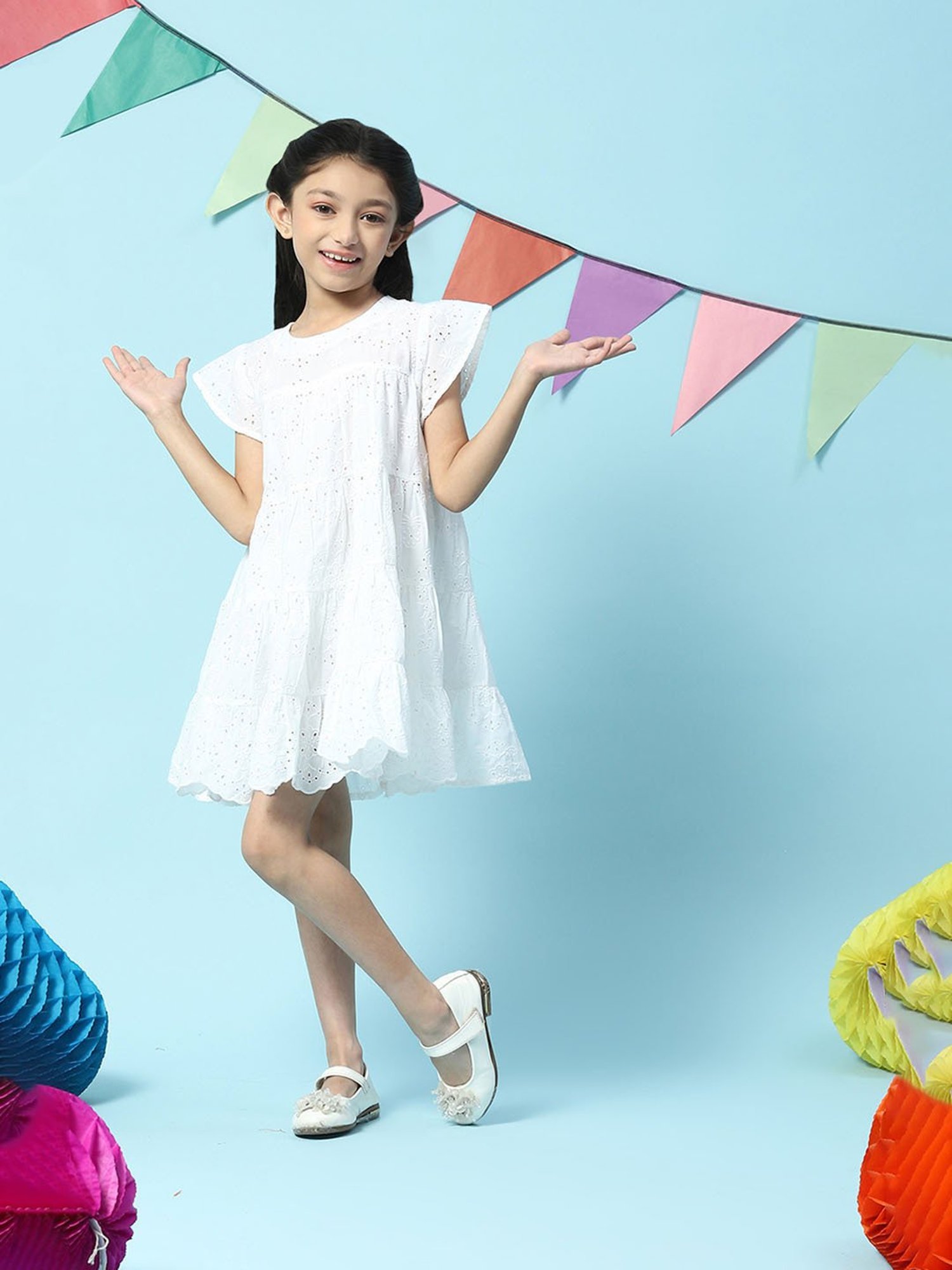 BIBA Girls White Self Design Dress