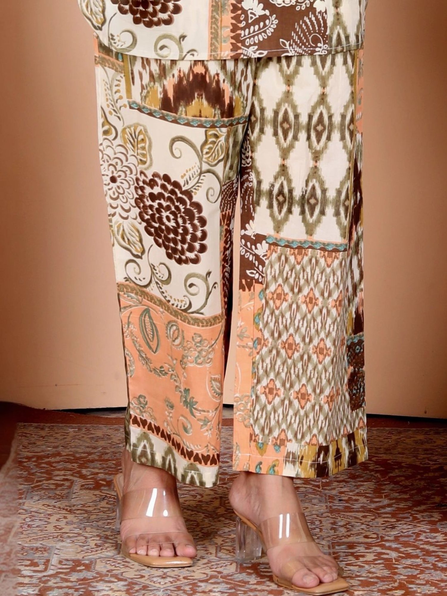 Kaftanize Brown Ikkat Patches Printed Cotton Tunic with Pant