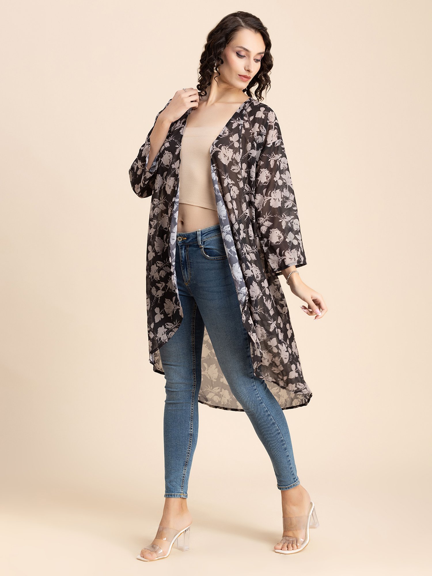 Moomaya Black & Beige Floral Print Cover Up