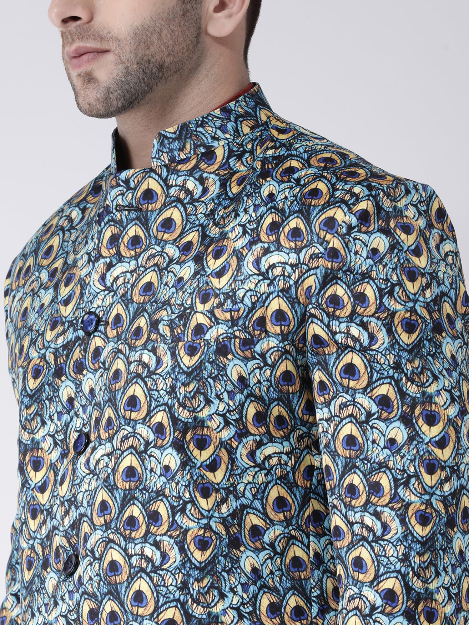 Hangup Plus Blue Regular Fit Printed Ethnic Blazer