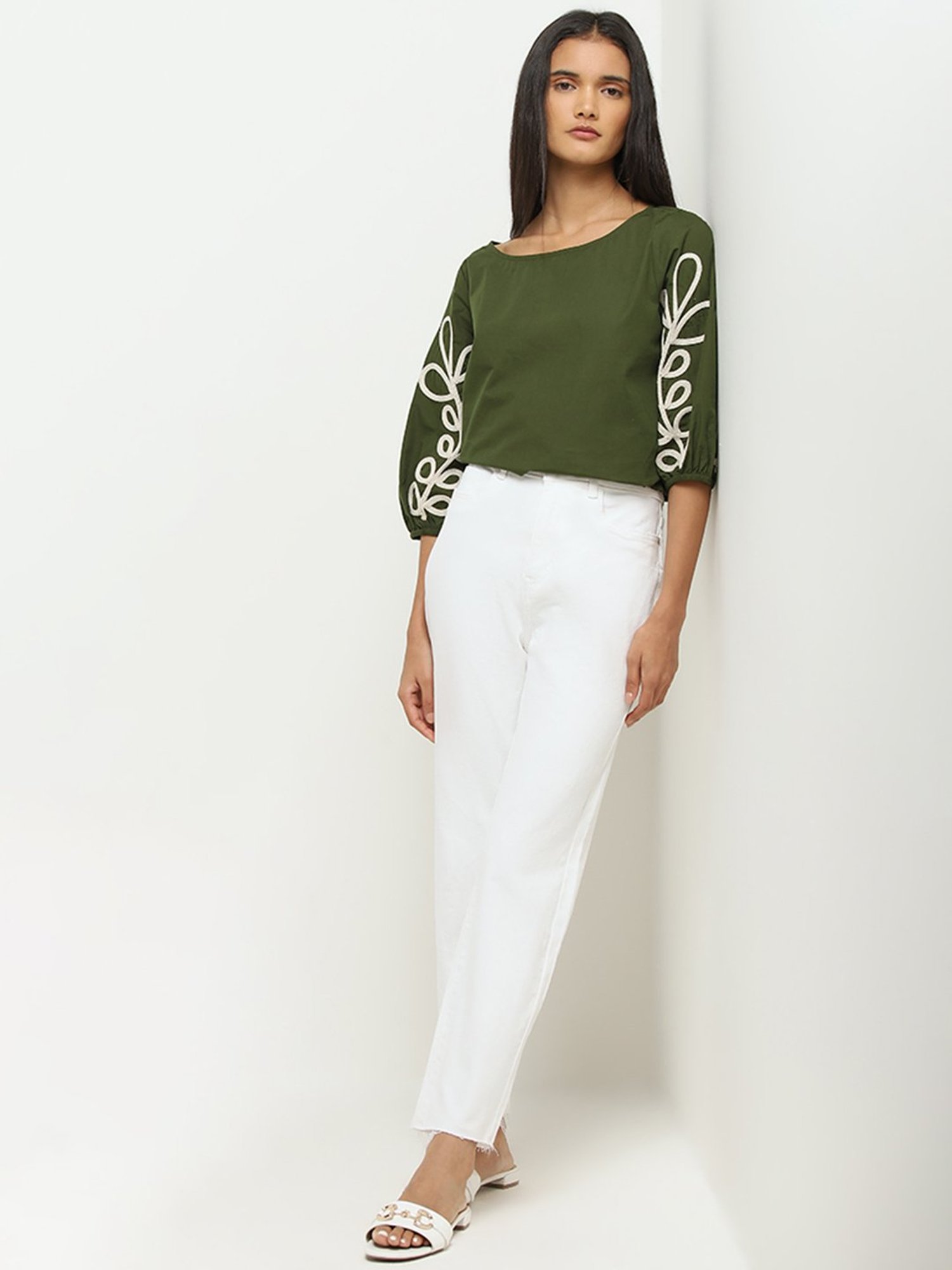 LOV by Westside Olive Leaf Embroidered Cotton Top