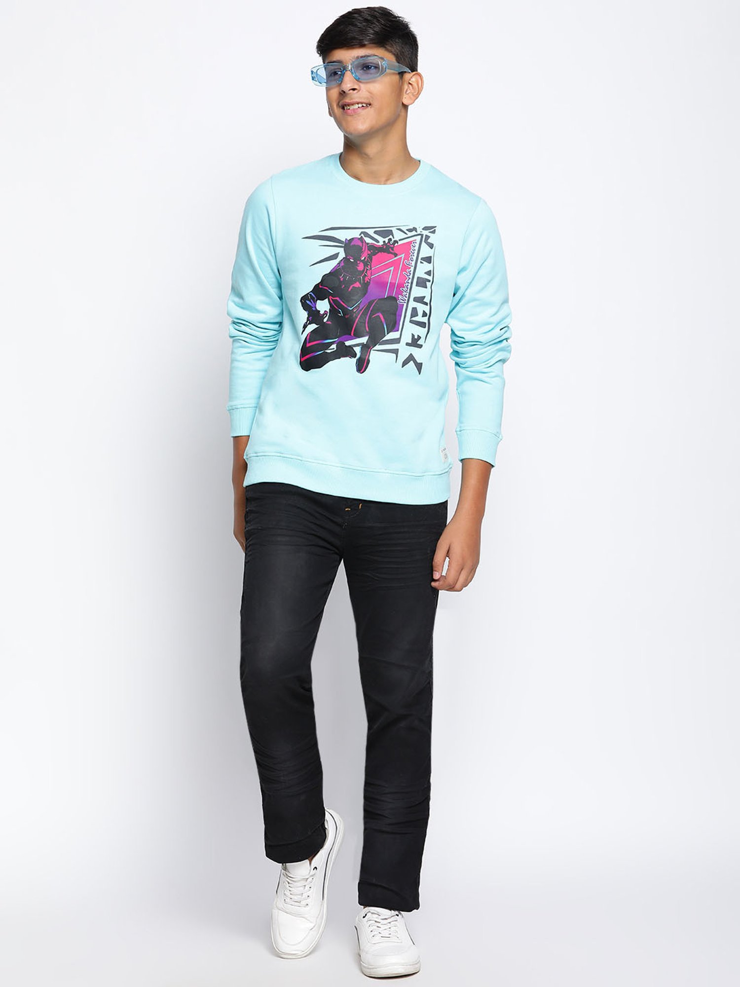 Lil Tomatoes Kids Sky Blue Black Panther Print Full Sleeves Sweatshirt