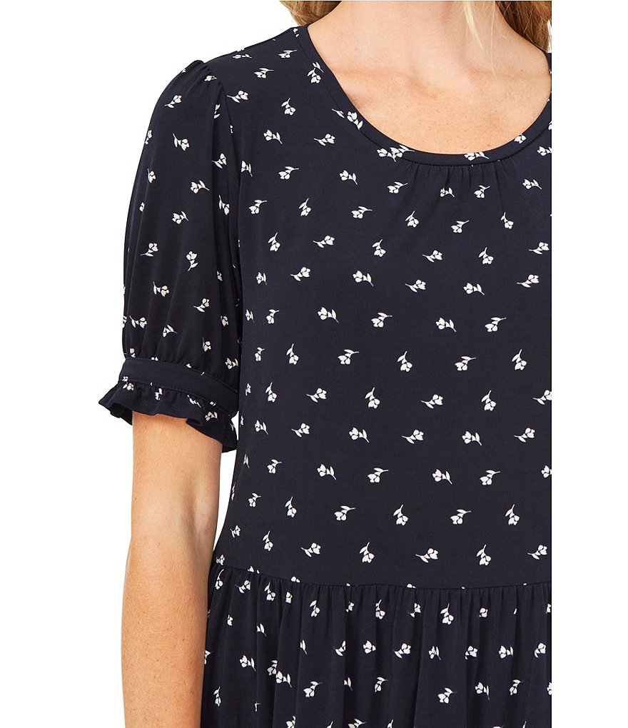 CeCe Round Neck Short Puff Sleeve Tulip Ditsy Babydoll Top