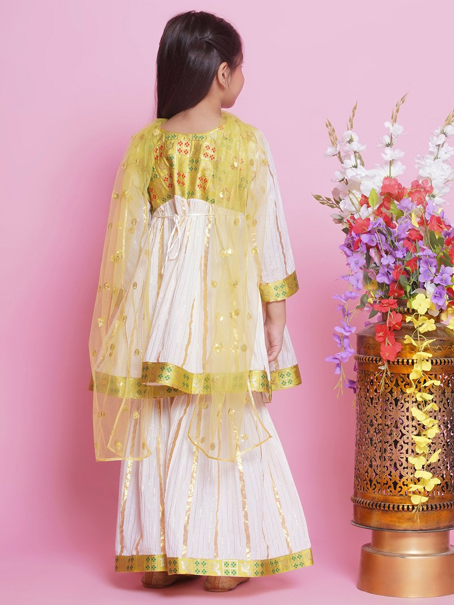 Little Bansi Kids Cream & Green Self Design Kurta, Gharara with Dupatta