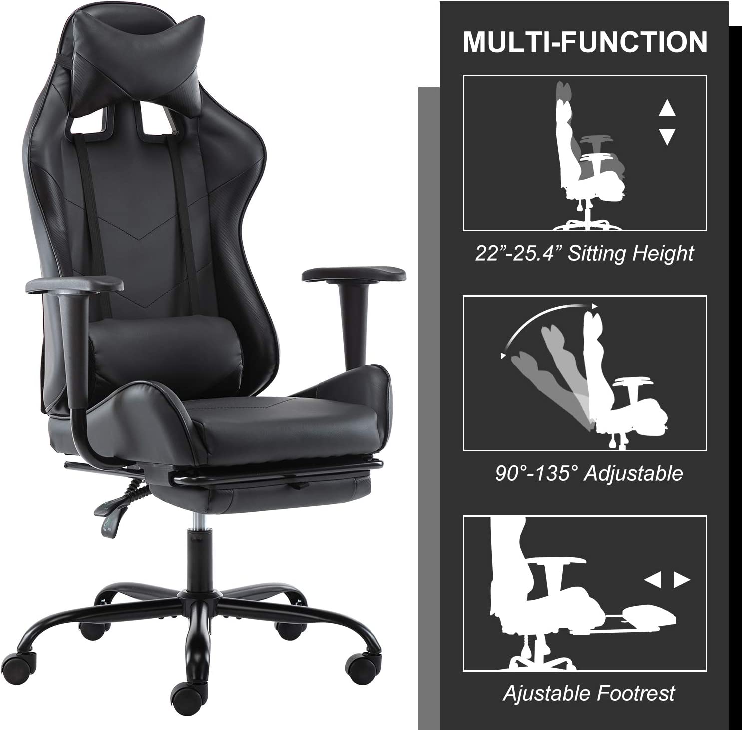 SMUGDESK Gaming Chair with Footrest Racing Style Ergonomic Office Desk Chair Adjustable Swivel Leather High Back Computer Chair with Headrest and Lumbar Support (Black)