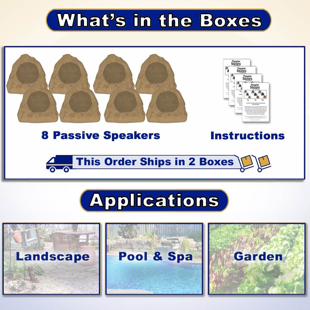Theater Solutions 8R6S Outdoor Sandstone 6.5" Rock 8 Speaker Set for Deck Pool Spa Yard Garden