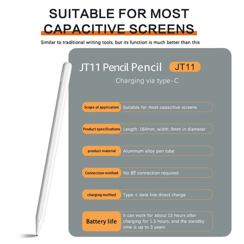 JT11 Stylus Pen Active Capacitive Pencil Compatible with IOS/Android/Windows Mobile Touch Screen Device