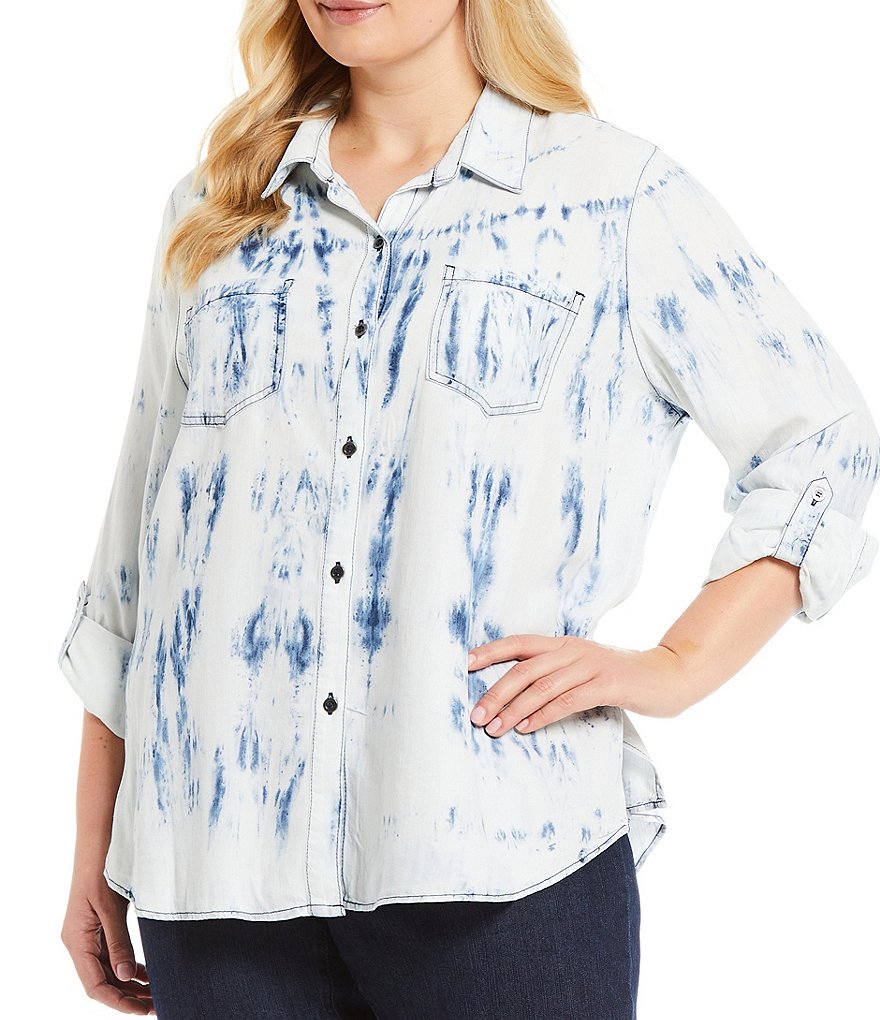Multiples Plus Size Tie Dye Denim Point Collar Neck Roll-Tab Long Sleeve Button Down Hi-Low Shirt