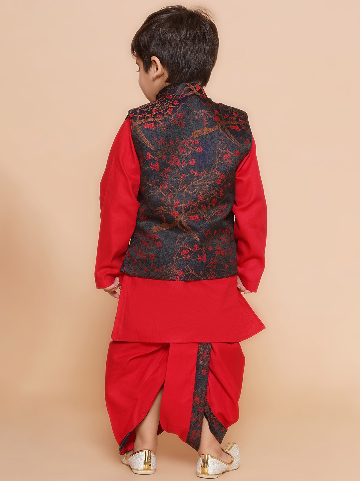 AJ Dezines Kids Black & Red Printed Full Sleeves Kurta, Dhoti with Waistcoat