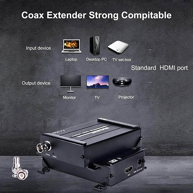 HDMI Over Coax Extender HDMI Transmitter and Receiver Support 1080P Full HD HDMI Signal Lossless No Delay Up to 300m984FT HDMI Extender Via Coaxial Cable with BNC Port and F Connector