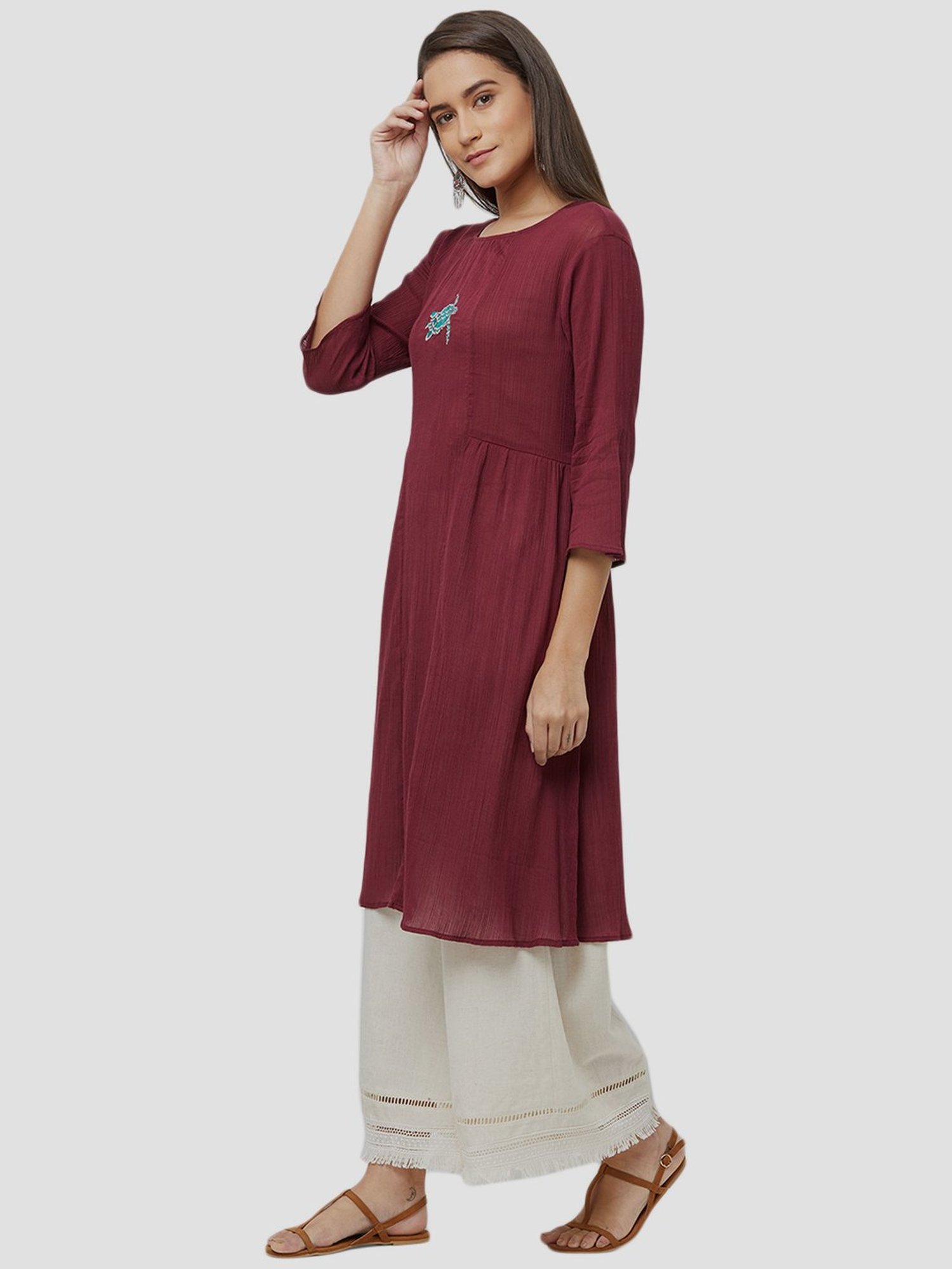 Fusion Beats Light Grey Embroidered A Line Kurta