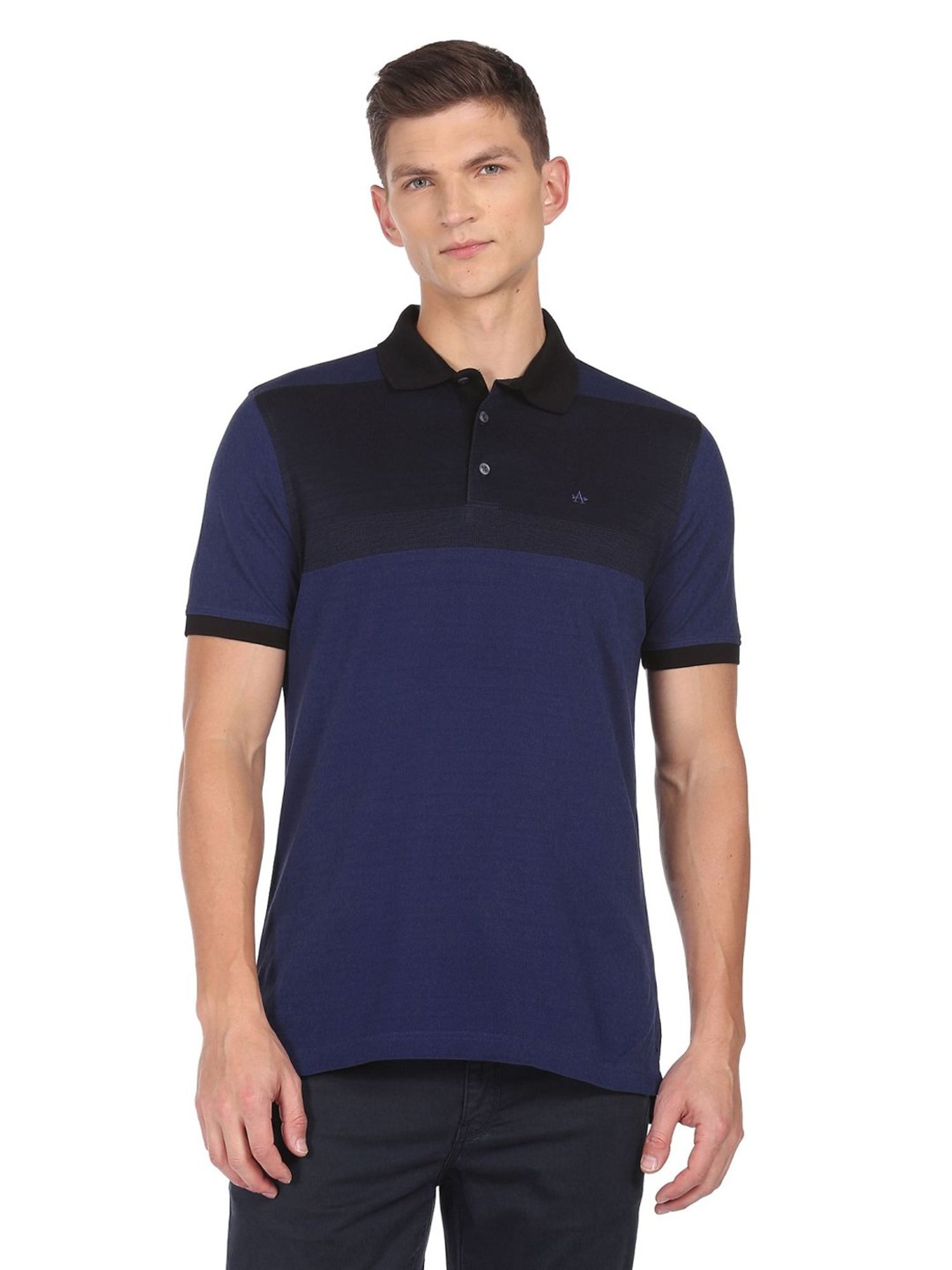 Arrow Navy Cotton Regular Fit Colour Block Polo T-Shirt
