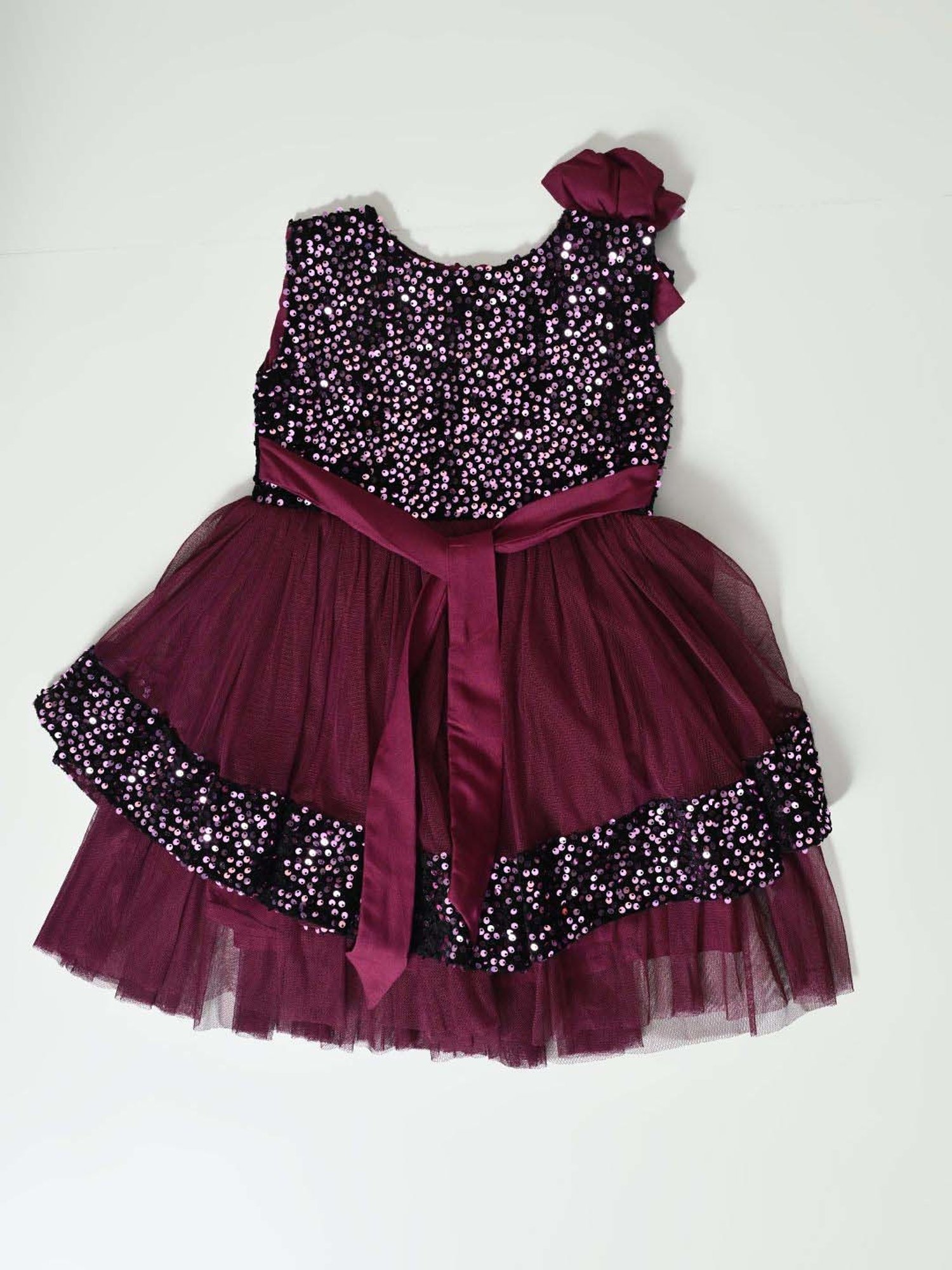 Bella Moda Kids Maroon Self Pattern Dress
