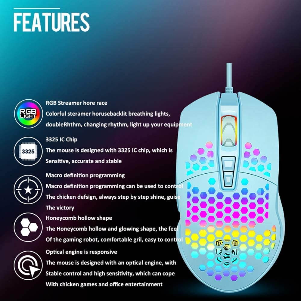 Lightweight Gaming MouseRGB Chroma LED Light Wired USB Mouse with Lightweight Honeycomb Shell 6400 DPI Adjustable 7 Programmed Button Ergonomic Optical Computer Gamer Gaming Mice for Mac PC Laptop