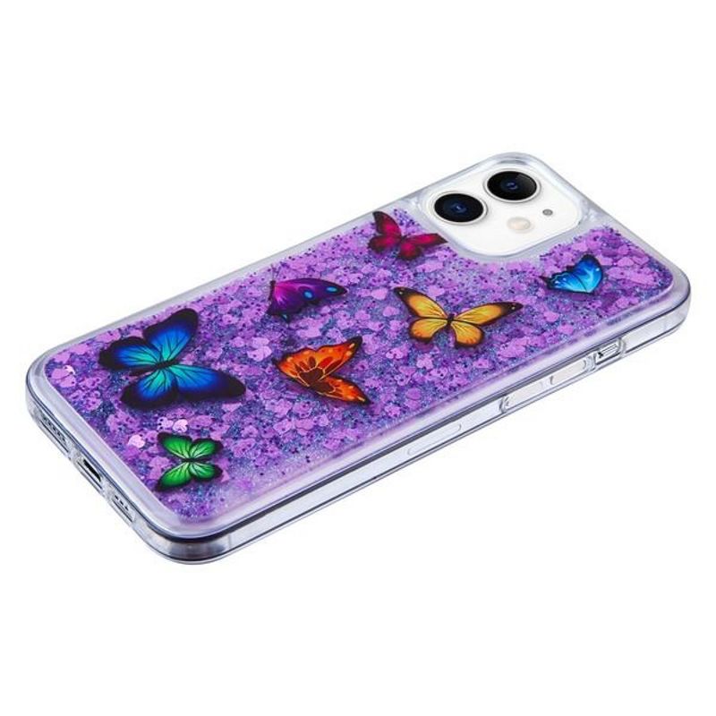 Airium Glitter Hybrid Protector Case Compatible With Apple iPhone 12 Mini (5.4") - Butterfly Dancing Purple Quicksand (Hearts)