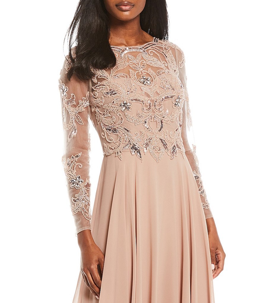 Xscape Jewel Neck Long Sleeve Beaded Bodice Chiffon Gown