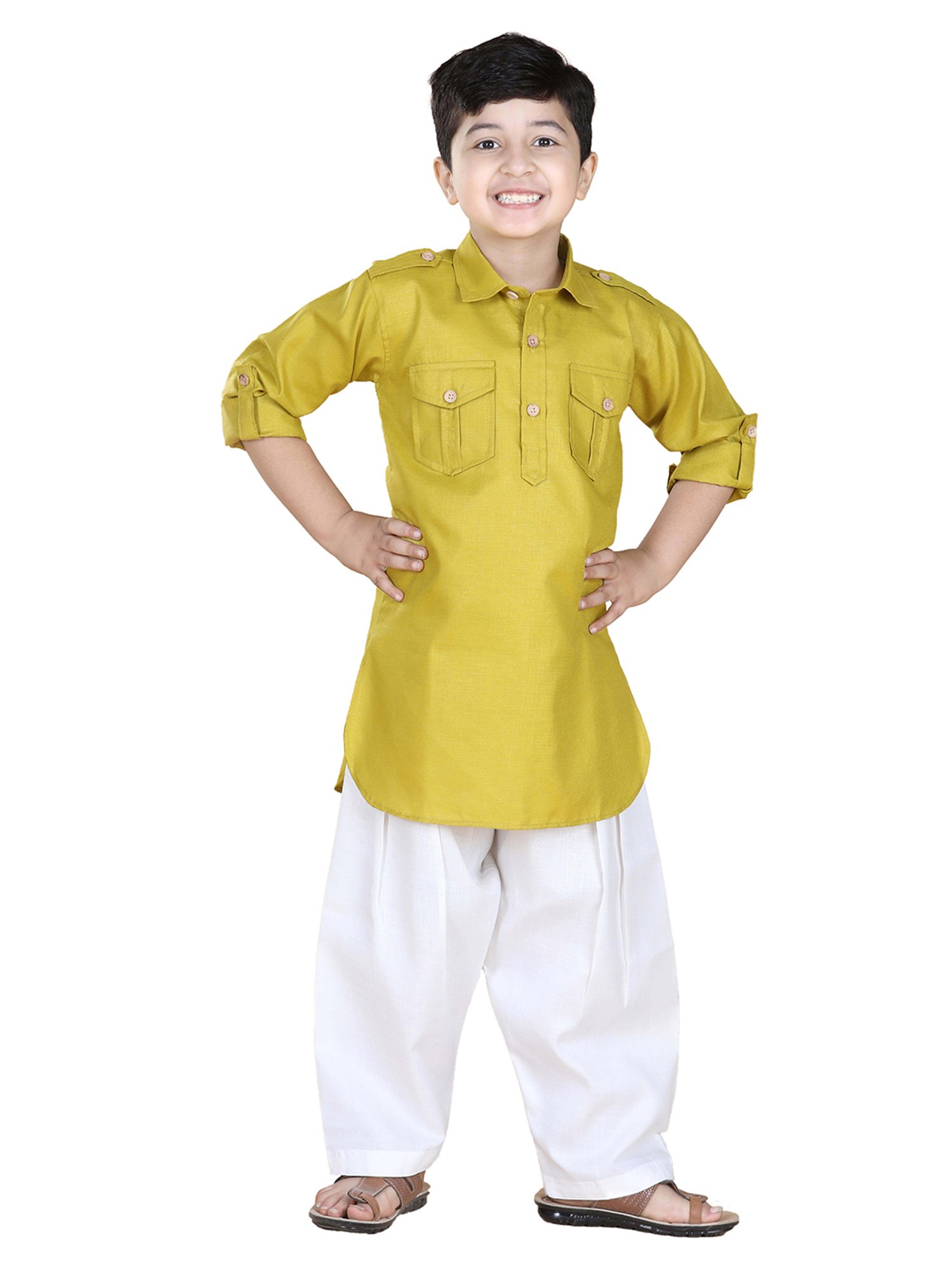 AJ Dezines Kids Green & White Solid Full Sleeves Kurta with Salwar