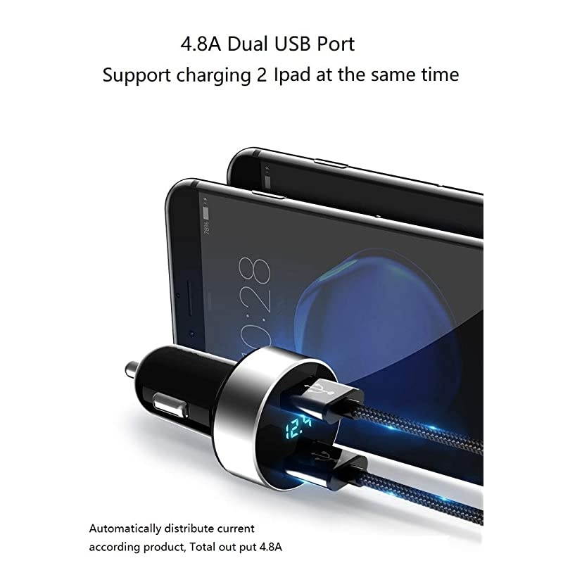 USB Car Charger,4.8A Output,Cigarette Lighter Voltage Meter Compatible with Apple iPhone,iPad,Samsung Galaxy ,LG ,Google Nexus,USB Charging Devices,Silver