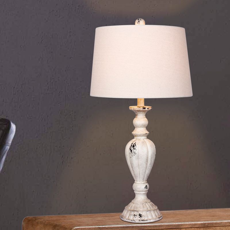 Distressed Candlestick Resin Table Lamps in Cottage Antique White  - Fangio Lighting