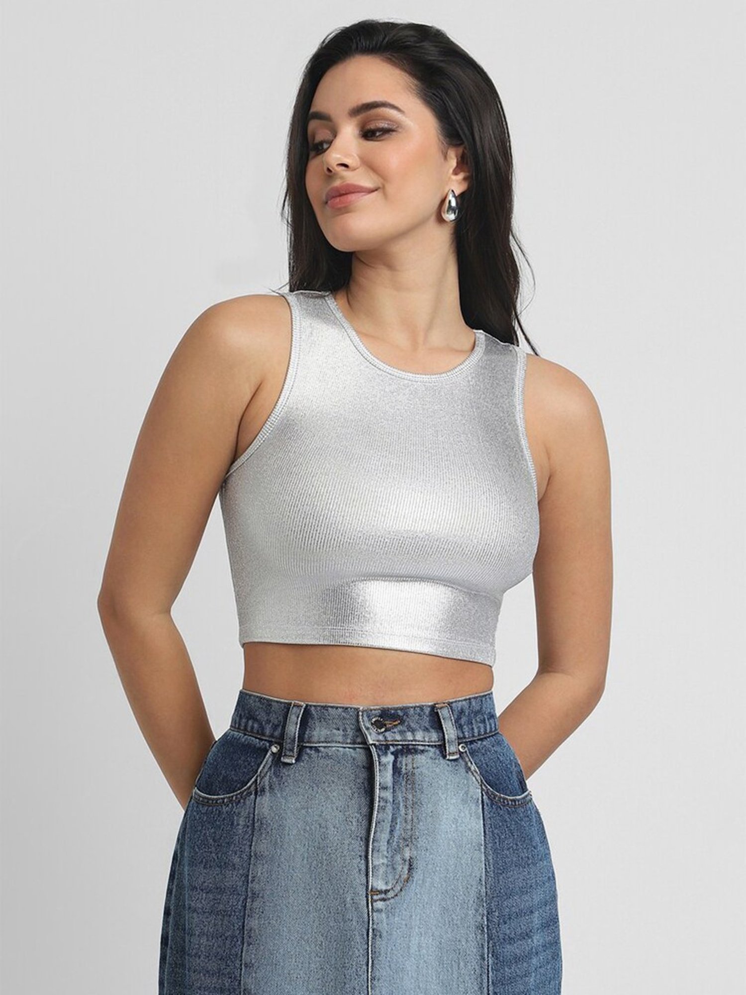 Forever 21 Silver Self Design Crop Top