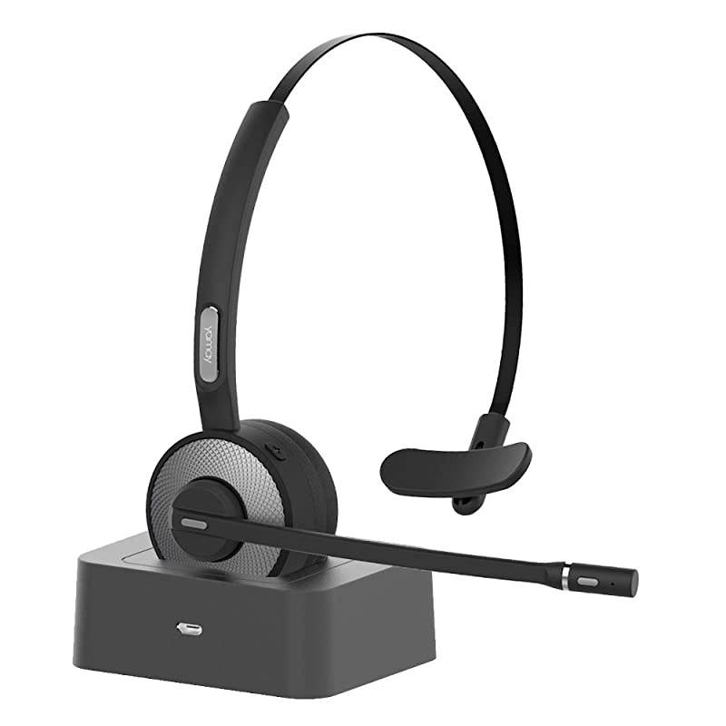 Bluetooth Headset,  Wireless Headset with Microphone (Noise Cancelling Mic) Charging Base Mute Button 19H Clear Talk Time Pro for Truck Driver Office Business Call Center Home Smartphones PC