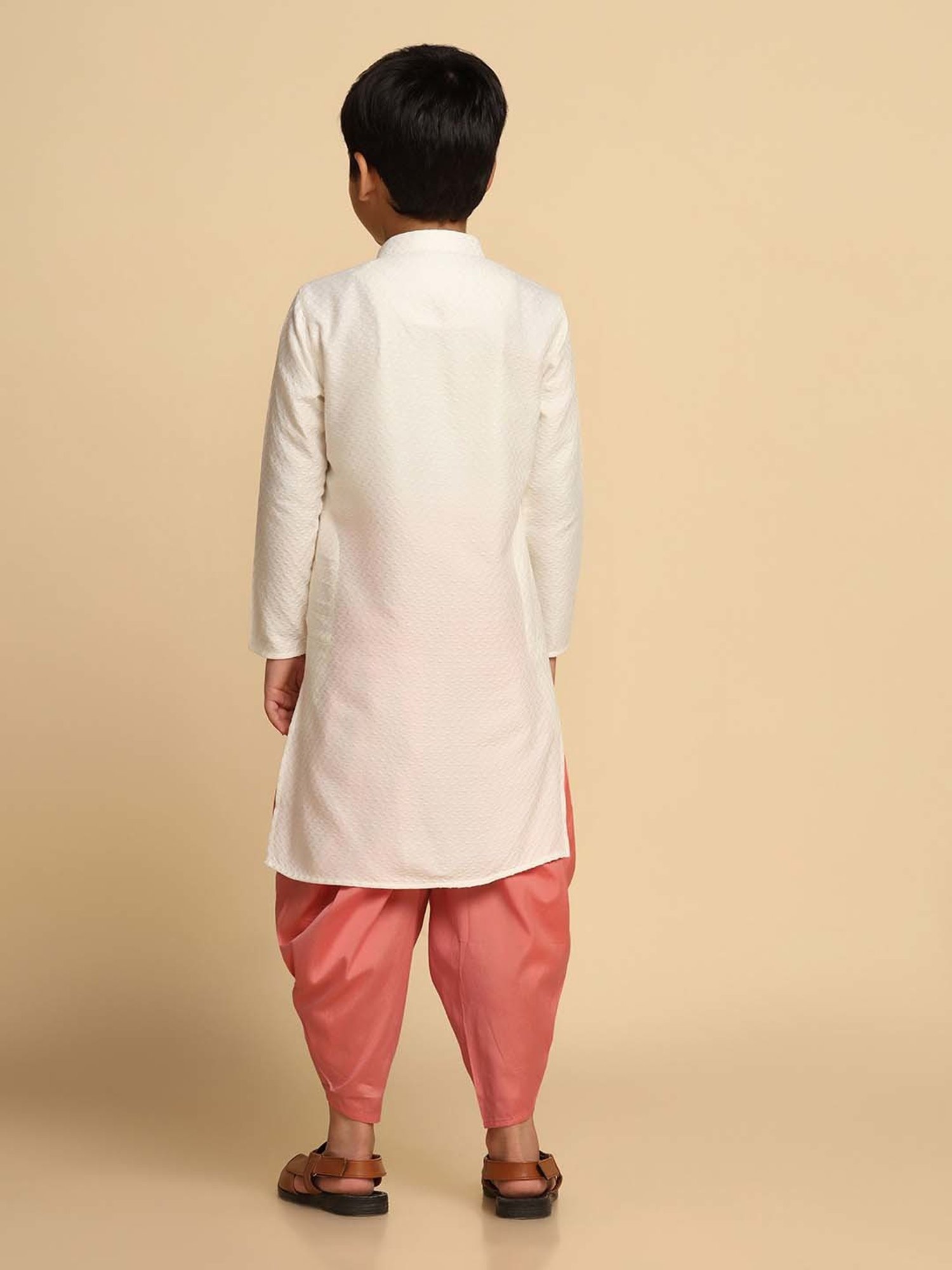KISAH Kids White & Baby Pink Self Pattern Full Sleeves Kurta Set
