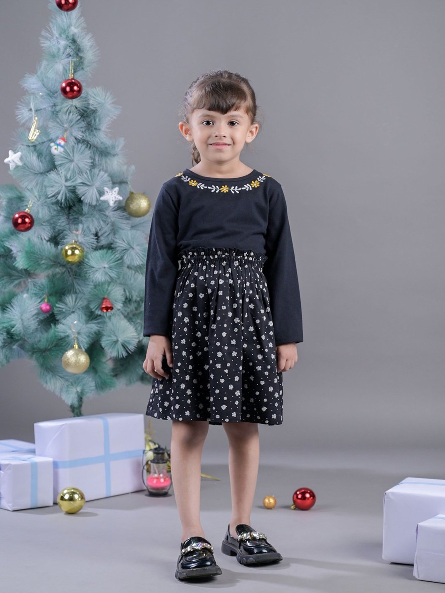 Budding Bees Kids Black Embroidered Full Sleeves Dress