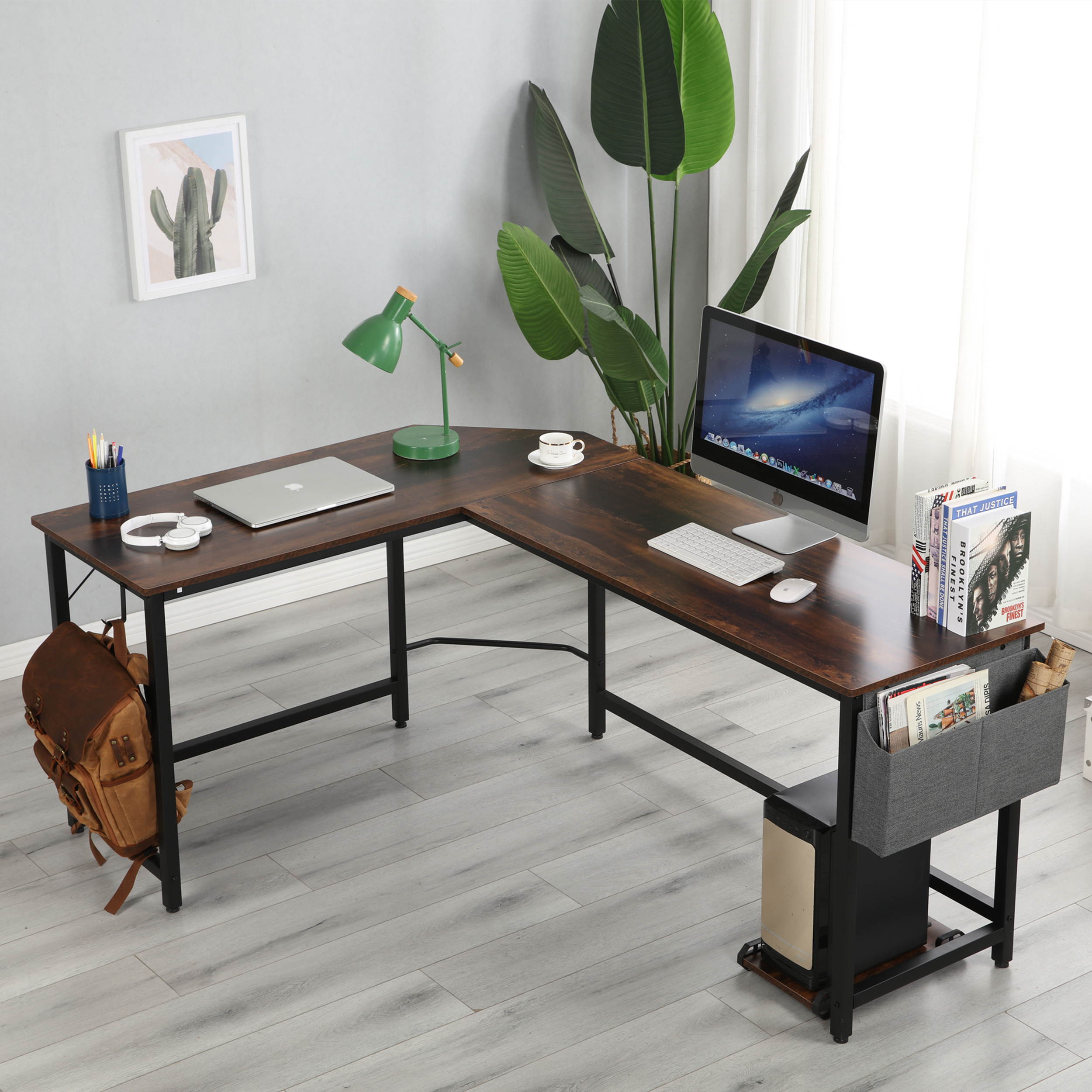 66" L Shape Desk Computer Desk Study Writing Table Home Office Desk Gaming Desk with Bag Hook and Cloth Drawer Storage Bag,Wood & Metal Pella Oak