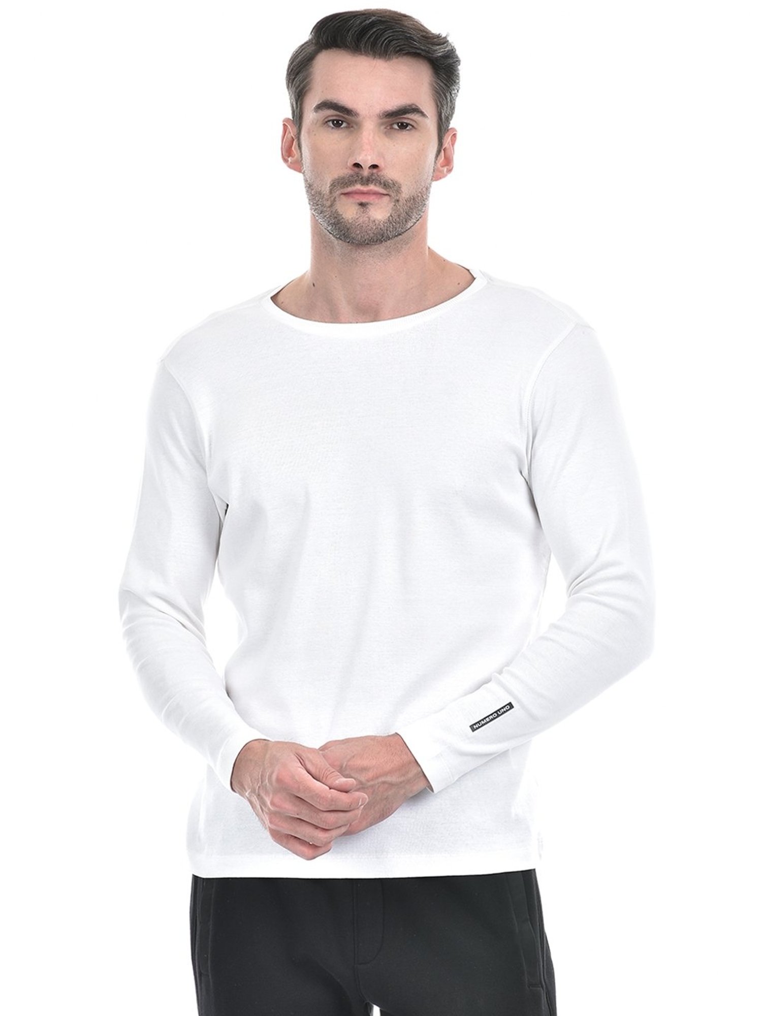 NUMERO UNO Off White Slim Fit Solid Round Neck Brushed Fleece T-Shirt