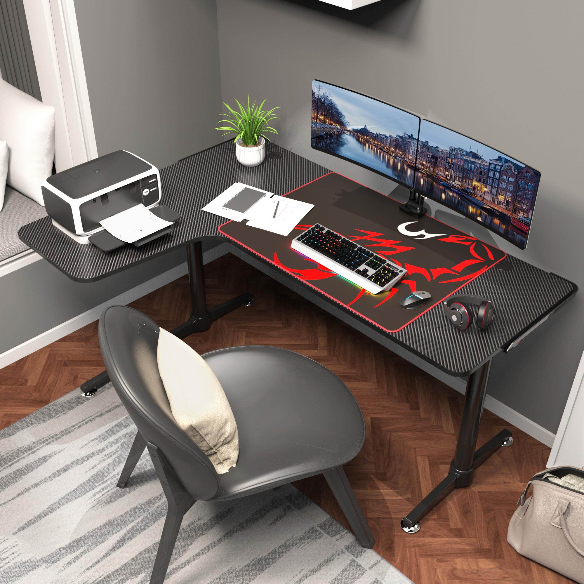 Eureka Ergonomic Gaming Desk, L Shaped Large Space Home Office Computer Desk with Free Mousepad- Black, 60"