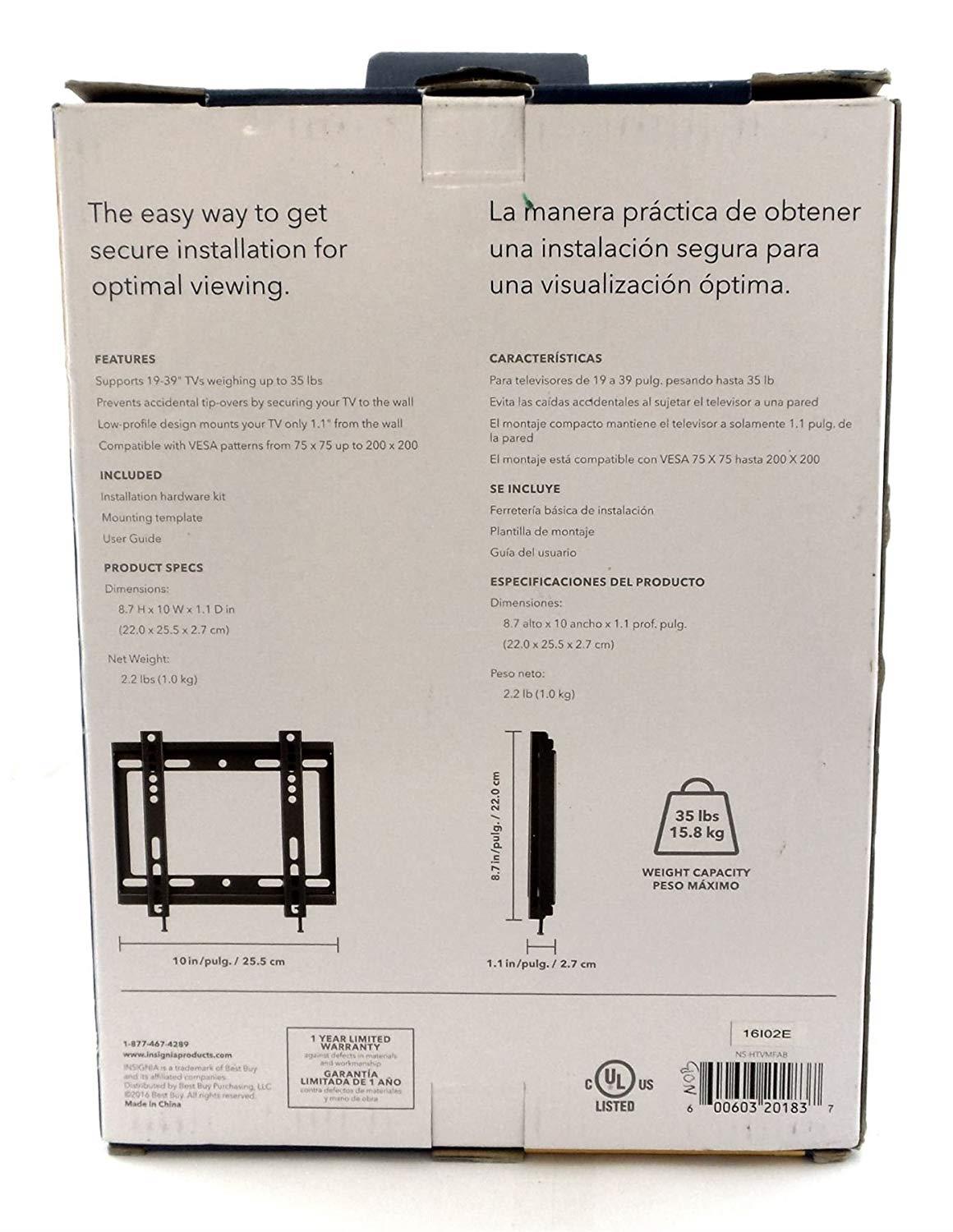 Insignia Wall Mount For Most 19"-39" TVs Low-Profile NS-HTVMFAB Fixed
