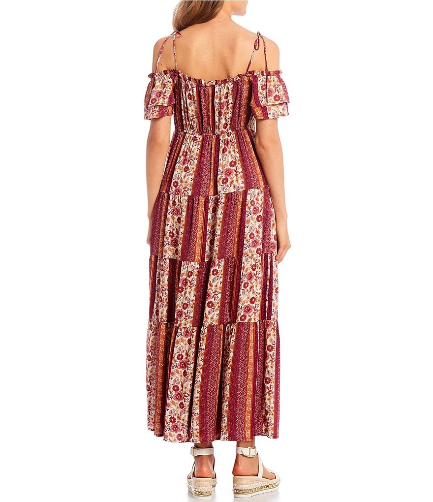 Love & Piece Off-the-Shoulder Tie-Straps Patchwork Printed Tiered Sheath Dress